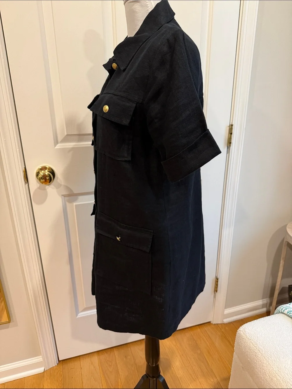 J. Crew Black Short-Sleeve Utility Linen Dress with Gold Buttons